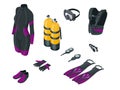 Isometric Scuba gear and accessories . Equipment for diving. IDiver wetsuit, scuba mask, snorkel, fins, regulator dive