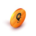 Isometric Search location icon isolated on white background. Magnifying glass with pointer sign. Orange circle button