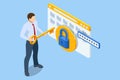 Isometric secure access with businessman using large key to unlock browser password page. Account authorization Royalty Free Stock Photo