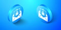 Isometric Secure mail icon isolated on blue background. Mailing envelope locked with padlock. Blue circle button. Vector