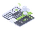 Isometric secure online cashier payment, safe mobile transaction concept. Online cashier internet payments vector background