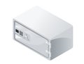 Isometric security safe with an electronic keypad. Light-colored metallic surface. Secure storage. Minimalistic modern lockbox