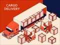 Isometric semi truck with red cab transporting commercial cargo. Forklift for raising