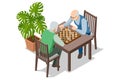 Isometric senior friends playing chess game. Logical tactical turn-based game, chess tournament, sport game, hobby and