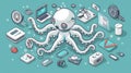 Isometric SEO automation banner, concept illustration, workflow for digital business, octopus robot with many hands, 3D