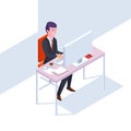 Isometric SEO businessman at work. Flat style office vector illustration