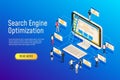 Isometric seo optimization. Website team computer optimizing. 3d seo web site optimize vector illustration Royalty Free Stock Photo