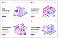 Isometric seo technology concept vector illustration, cartoon 3d seo search engine optimization, ad targeting and social Royalty Free Stock Photo