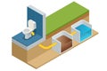 Isometric Septic Tank. Underground chamber made of concrete, fiberglass, or plastic through which domestic wastewater