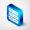 Isometric Server, Data, Web Hosting icon isolated on grey background. Blue square button. Vector Royalty Free Stock Photo
