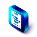Isometric Server, Data, Web Hosting icon isolated on white background. Blue square button. Vector Royalty Free Stock Photo
