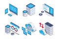 Isometric server equipment icons set. Vector collection of data center, cloud storage, coding screens, DevOps symbols Royalty Free Stock Photo