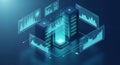 Isometric server room illustration with data analytics graphs showing network infrastructure and digital information processing Royalty Free Stock Photo