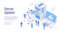 Isometric server update in electric blue outline. Programmers upgrading operating system. IT specialists updating