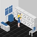 Isometric service coin laundry interior with equipment washing and ironing machines. Cleaning service company. Housework Royalty Free Stock Photo
