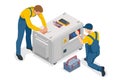 Isometric service engineer repairing or adjusting diesel power generator. Portable electric power-generator, industrial