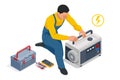 Isometric service engineer repairing or adjusting diesel power generator. Portable electric power-generator, industrial