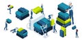 Isometric set of airport employees who fold Luggage, load bags and suitcases, help each other