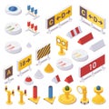 Isometric set of airport lights, taxiway signs, runway Guard, approach, touchdown zone and advanced airport light spotting