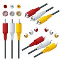 Isometric set of Audio Video Cable input connections. RCA cable View straight and isometric. Royalty Free Stock Photo