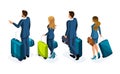 Isometric Set of beautiful business people and business woman on a business trip, with luggage at the airport, rear view. Travelin