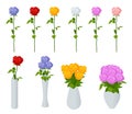Isometric set of branches of red, white, pink, blue roses isolated on a white background. A bouquet of roses in a vase. Royalty Free Stock Photo