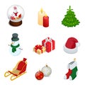 Isometric set of Christmas new year holiday decoration icons set isolated vector illustration New Year s ball, candles Royalty Free Stock Photo