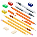 Isometric set of colored engineering and office pens, sharpened pencils of various lengths with rubber and without Royalty Free Stock Photo