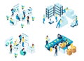 Isometric Set concept warehouse, holding company, business training, industrial enterprise. Modern vector illustration concepts