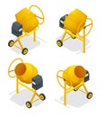 Isometric set of Concrete mixer icon for web. Cement mixer vector, pouring cement isolated white background. Royalty Free Stock Photo