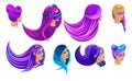 Isometric set of creative hairstyles, bright hair color, fashionable bright, colored, colorful stylish haircut