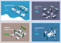 Isometric. Set of 3D illustration landing pages. Customer service in the bank, work in a sewing workshop, issuing loans