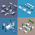 Isometric. Set of 3D illustration for website. Customer service in the bank, work in a sewing workshop, issuing loans to