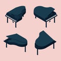 Isometric set of different foreshortening of grand piano. Black musical instrument on pink background