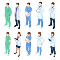 Isometric Set of doctors and nurses characters in white medical face mask. Coronavirus 2019-nCoV. Various male and