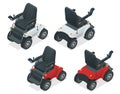 Isometric set of electric wheelchair. New large motorized electric wheelchair. Mobile scooter.