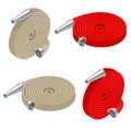 Isometric set of fire hoses. Fire safety and protection. Rolled into a roll, red fire hose with aluminum connective Royalty Free Stock Photo