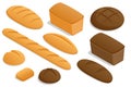 Isometric set of Fresh Crusty Breads. Whole grain rye and wheat bread. Homemade fresh baked various loaves of wheat and