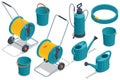 Isometric set of garden tools. Hose, sprayer, bucket, watering, isolated on white background. Royalty Free Stock Photo