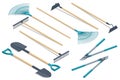 Isometric set of garden tools. Rake, pruner, shovel, boot, pitchfork, cutter, isolated on white background.