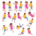 Isometric set of girl and boy in different poses stands, runs, sits, lies and others on white background. Constructor
