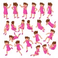 Isometric set of girls in different poses stands, runs, sits, lies and others on white background. Constructor set or