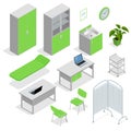 Isometric set of Hospital equipment and furniture. Flat icons isolated vector illustration equipment with scanner