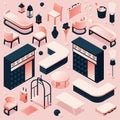 Isometric set of hotel lobby furniture for reception, lounge in pink pastel colors with cart or trolley, tables and shelving,