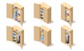 Isometric set icons of large wardrobes closets with clothes and home stuff. Big wardrobe with different clothes and