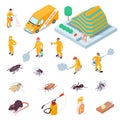 Isometric set of icons with pest control service specialists their equipment insects and rodents 3d isolated vector illustration Royalty Free Stock Photo