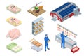 Isometric set icons of Poultry Farming concept. Poultry farm building, production of chicken meat, eggs, poultry