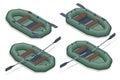 Isometric set icons of rubber inflatable boats for fishing, hunting and recreation. Inflatable rubber boat for fishing