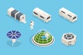 Isometric set of icons Space Equipment and Vehicles of space exploration with rockets artificial satellites, planets Royalty Free Stock Photo