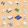 Isometric set of icons Space Equipment and Vehicles of space exploration with rockets artificial satellites, planets Royalty Free Stock Photo